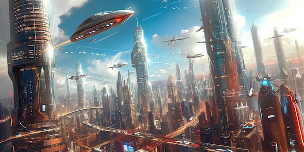 Create a futuristic cityscape with holographic skyscrapers and flying cars