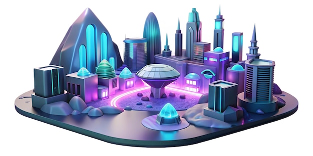 Photo create a futuristic landscape with glowing neon cities and floating buildings set in a hightech