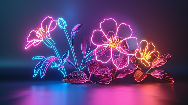 Create a glowing neon flower garden with bright pink blue and yellow flowers