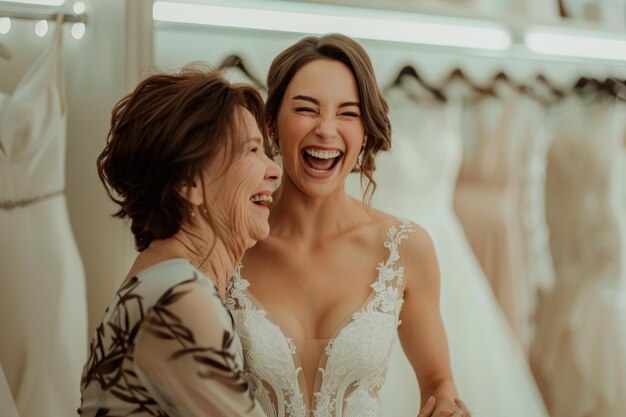 Photo create a heartwarming and joyful scene of a bride and her mother in a bridal shop