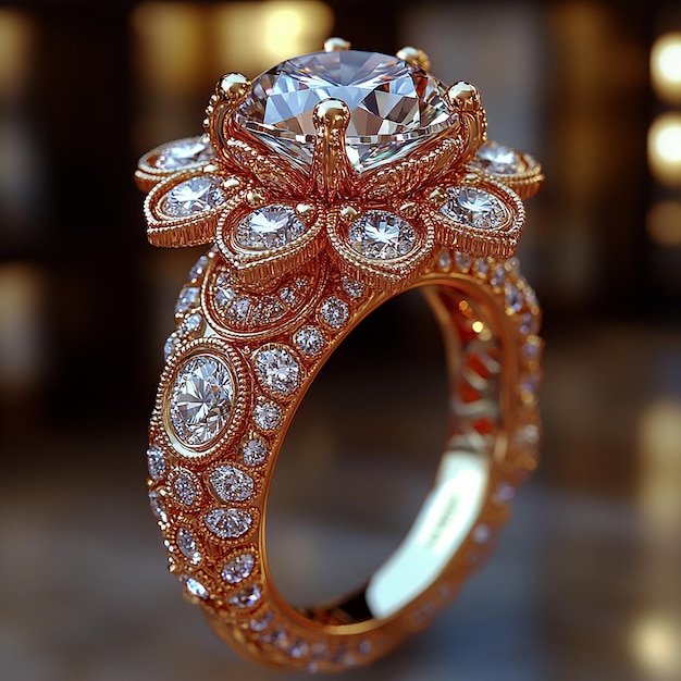 Create a highresolution image of a luxurious premium ring The ring should feature a dazzling cente