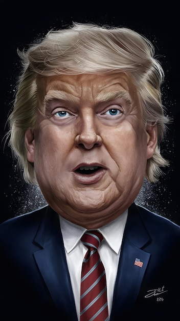 Create a humours caricature colour pencil sketch of Donald trump intricately detailed