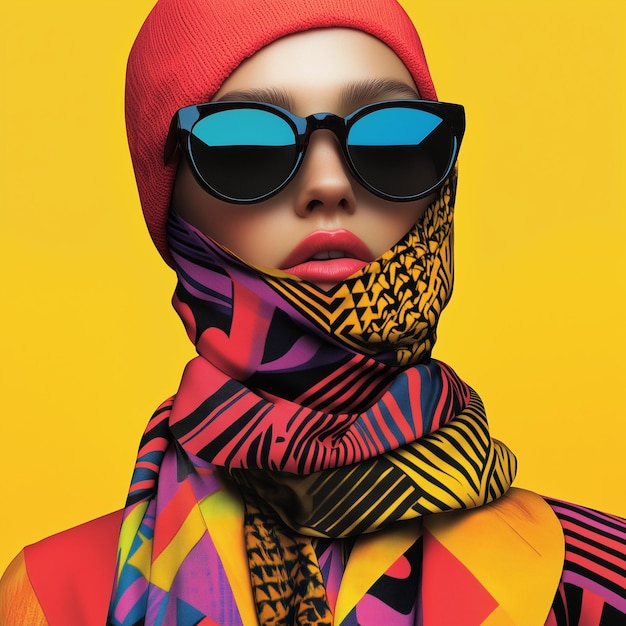 Create a hyper realistic torso up image of a model in a vibrant and geometric patterned scarf