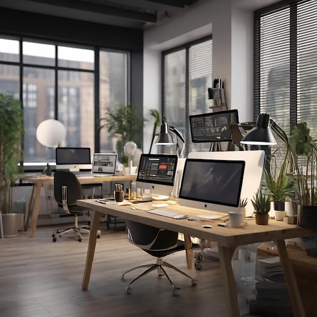 Create a hyperrealistic 4k lifelike digital image of a professional web design company working room