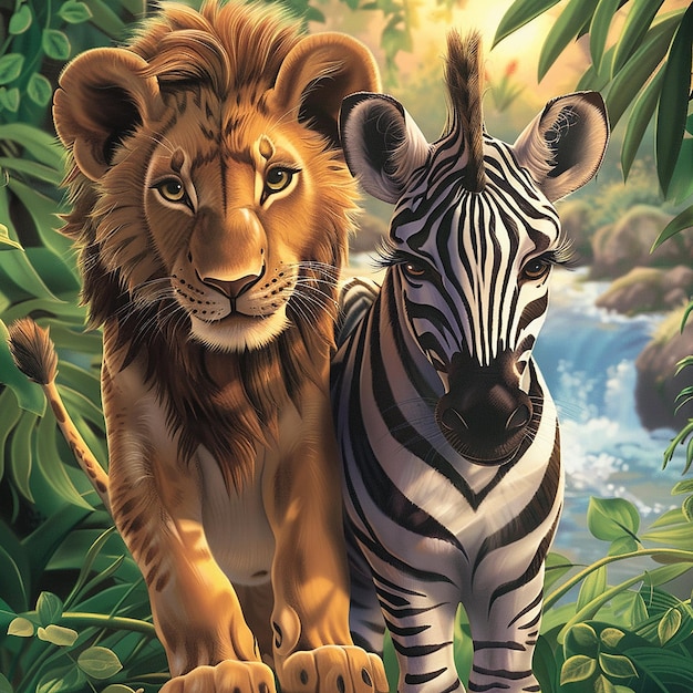 Create a hyperrealistic image of a young lion named Kofi and a zebra named Zara standing close toge