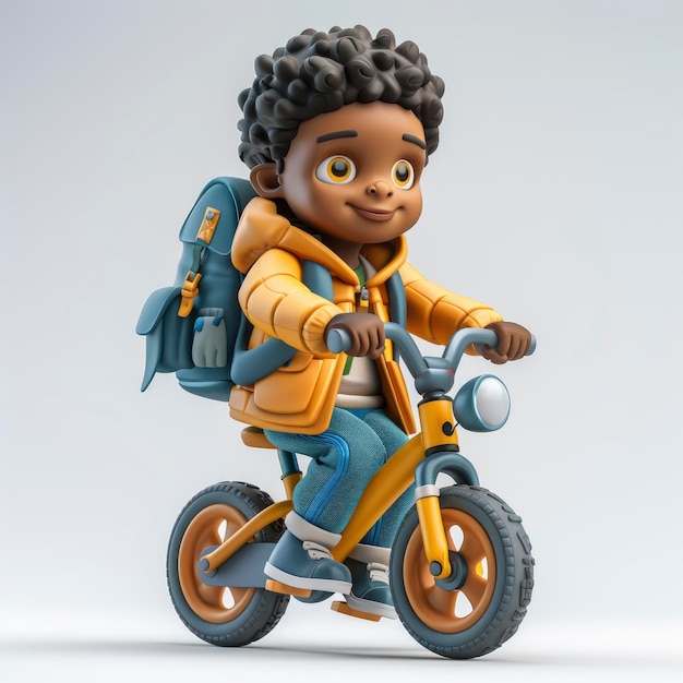 Create A Illustration Of A Cute African American Boy Riding A Bicycle With A Backpack