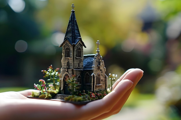 create an illustration of a hand holding a very detailed church