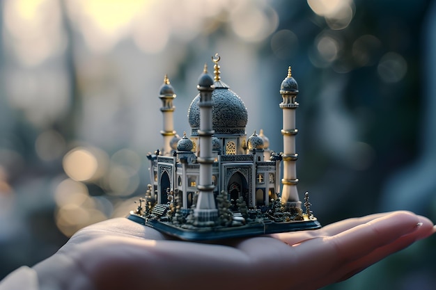 create an illustration of a hand holding a very detailed mosque