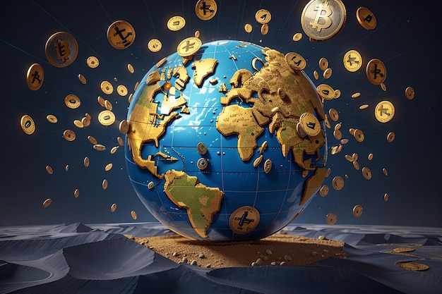 Create an image of a bitcoin taking over the world