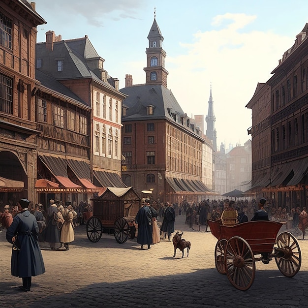 Create an image of a bustling city square in the 1800s