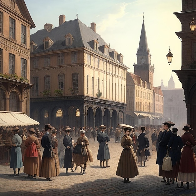 Create an image of a bustling city square in the 1800s