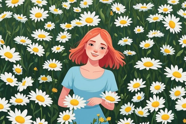 Create an image of a character surrounded by a field of selflove daisies