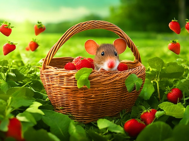 Create an image of the cute mouse darting out of the basket and scurrying away in a rush to escape f