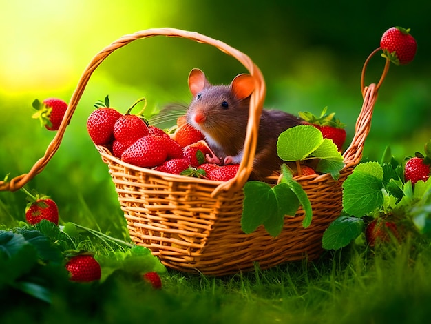 Create an image of the cute mouse darting out of the basket and scurrying away in a rush to escape f