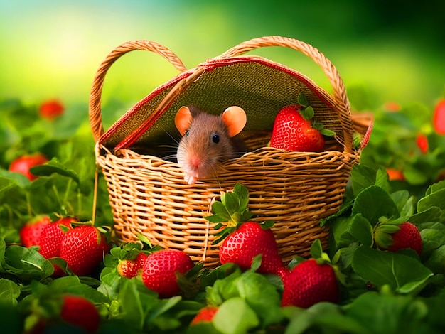 Create an image of the cute mouse darting out of the basket and scurrying away in a rush to escape f