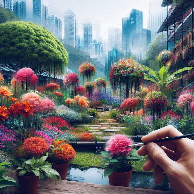 Create an image of a garden where flowers and plants are made of pixels and data