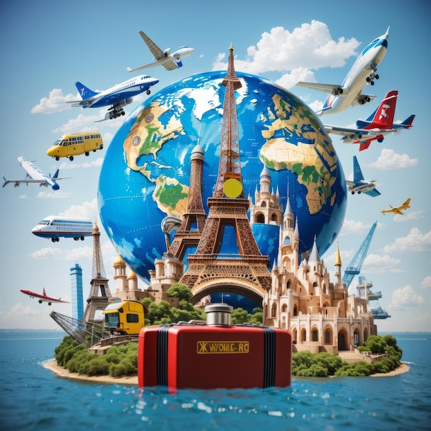 Create an image symbolizing World travel landmarks between family