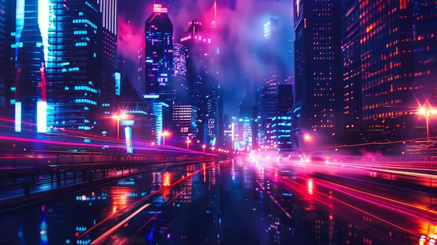 Photo create an image of an urban road with skyscrapers and neon lights showcasing the dynamic and vibrant city life