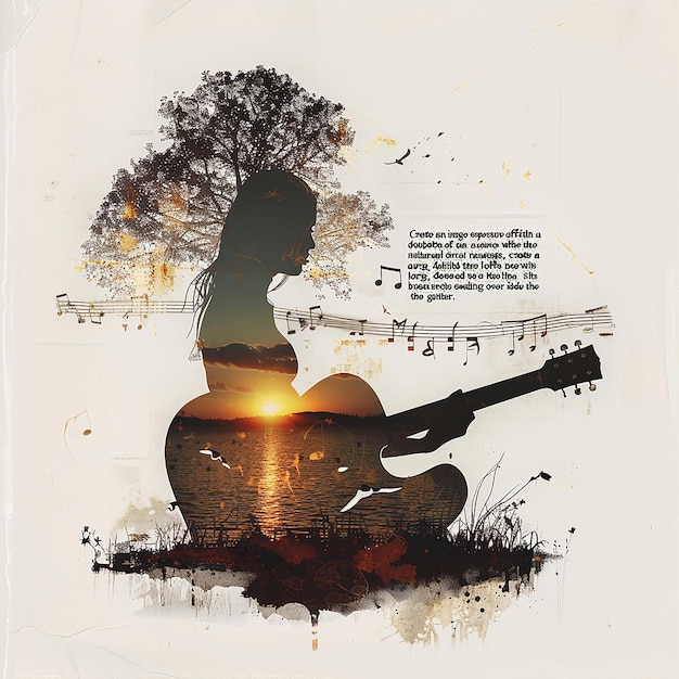 Create an image with a double exposure effect where the main silhouette is of an acoustic guitar