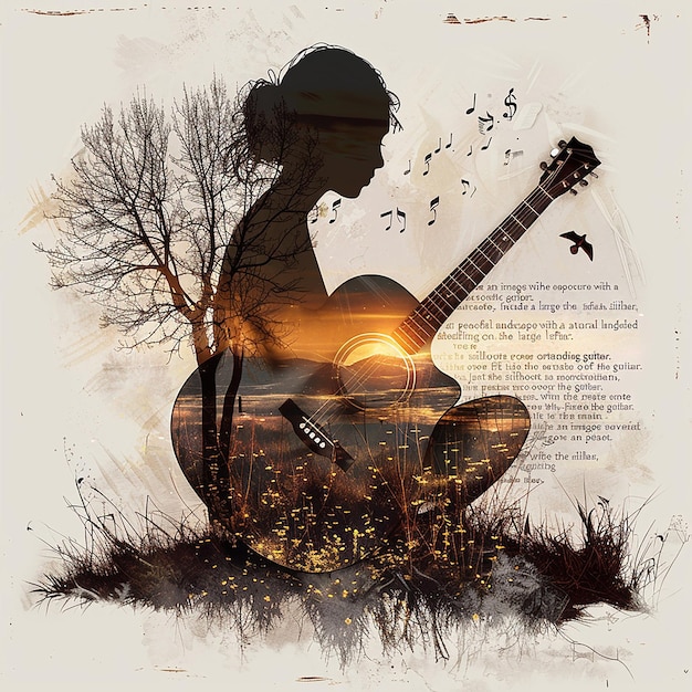 Create an image with a double exposure effect where the main silhouette is of an acoustic guitar