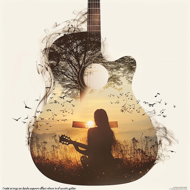 Create an image with a double exposure effect where the main silhouette is of an acoustic guitar