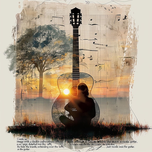 Create an image with a double exposure effect where the main silhouette is of an acoustic guitar