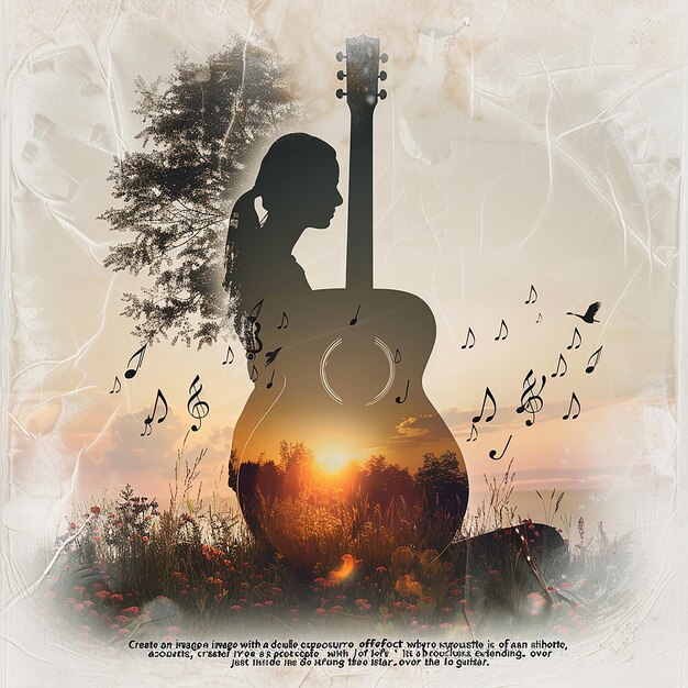 Photo create an image with a double exposure effect where the main silhouette is of an acoustic guitar