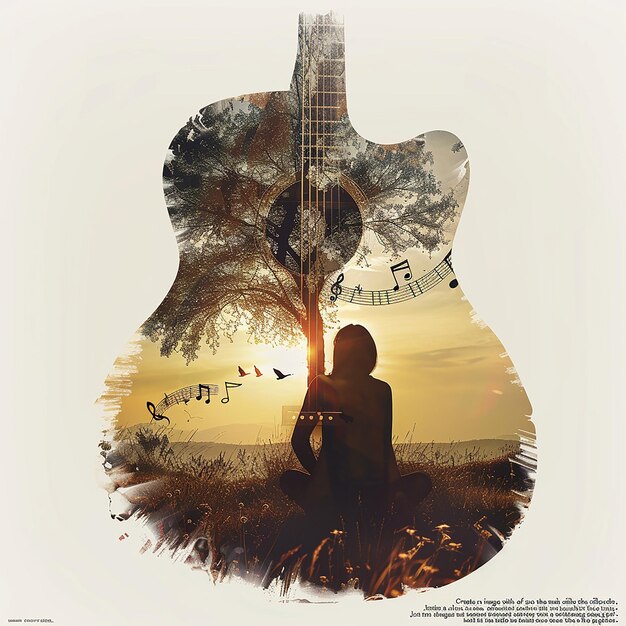 Create an image with a double exposure effect where the main silhouette is of an acoustic guitar