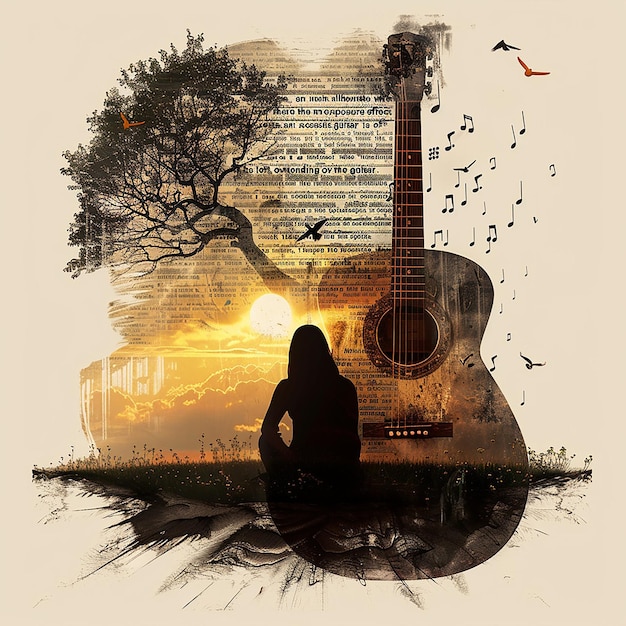 Create an image with a double exposure effect where the main silhouette is of an acoustic guitar