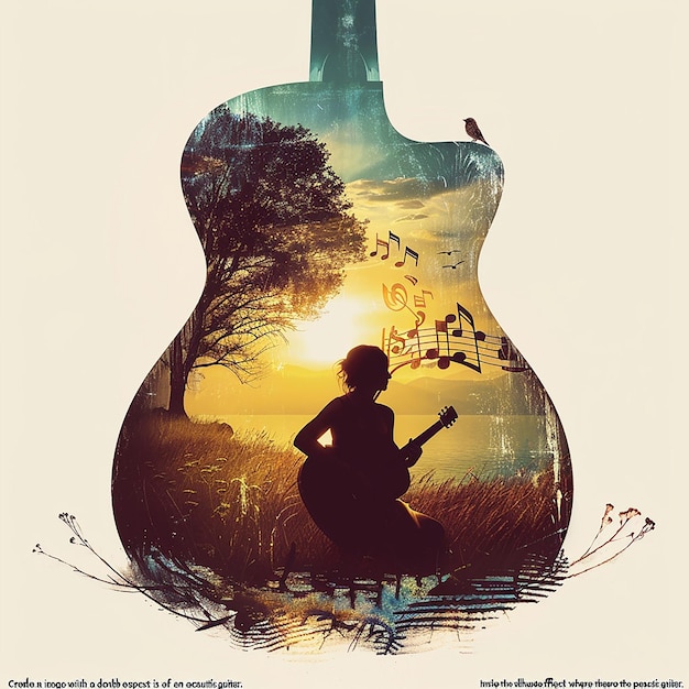 Create an image with a double exposure effect where the main silhouette is of an acoustic guitar