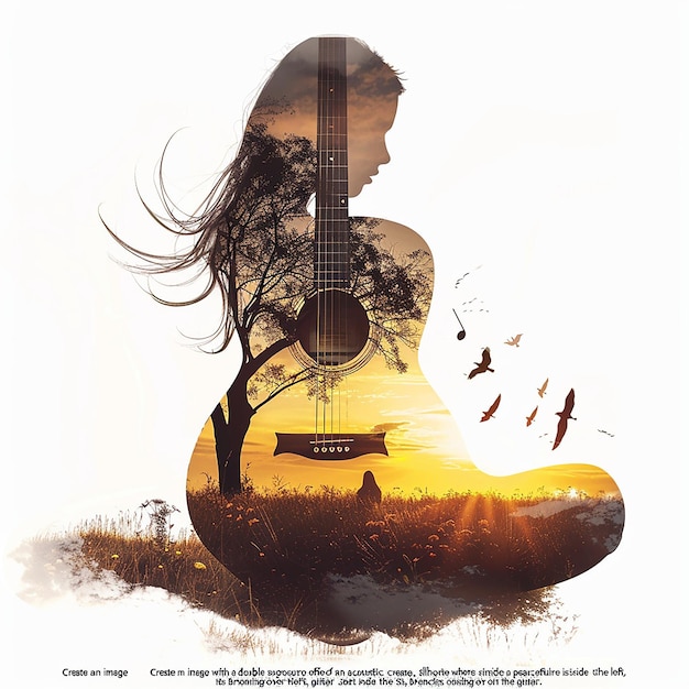 Create an image with a double exposure effect where the main silhouette is of an acoustic guitar