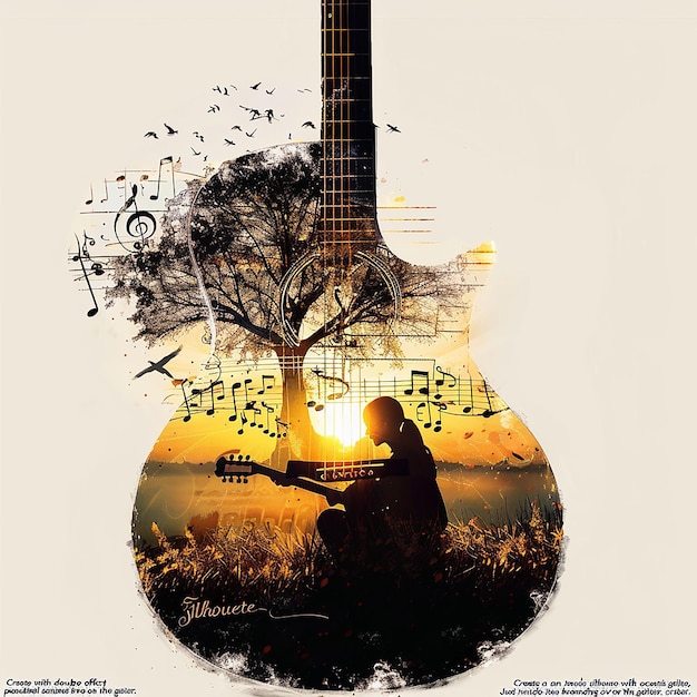 Create an image with a double exposure effect where the main silhouette is of an acoustic guitar