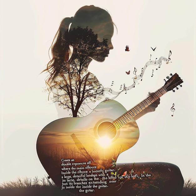 Create an image with a double exposure effect where the main silhouette is of an acoustic guitar