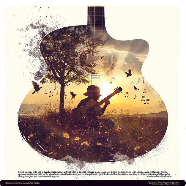 Photo create an image with a double exposure effect where the main silhouette is of an acoustic guitar