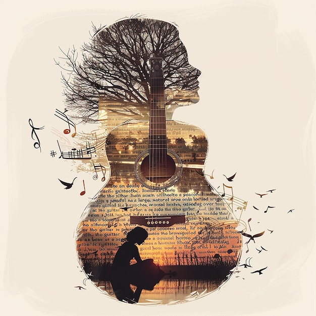 Create an image with a double exposure effect where the main silhouette is of an acoustic guitar