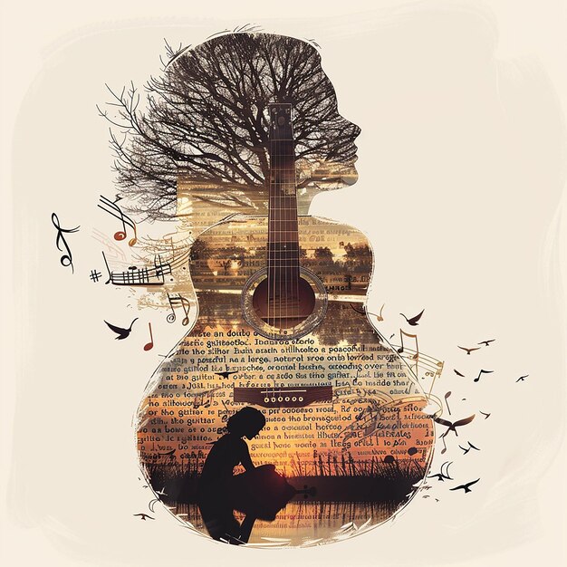 Photo create an image with a double exposure effect where the main silhouette is of an acoustic guitar