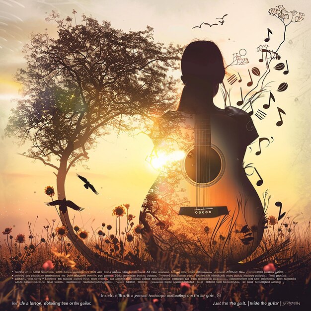 Create an image with a double exposure effect where the main silhouette is of an acoustic guitar