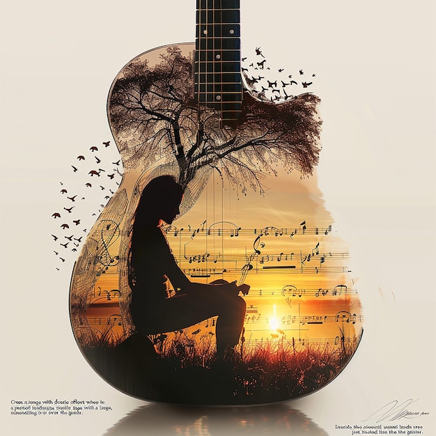 Photo create an image with a double exposure effect where the main silhouette is of an acoustic guitar