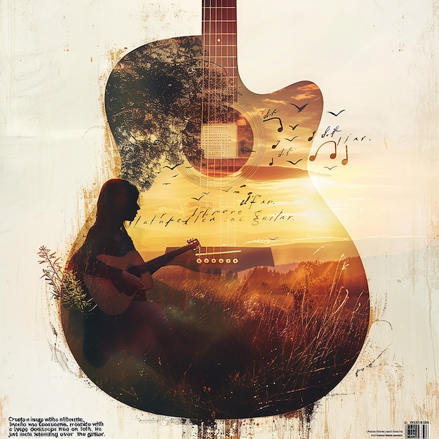 Photo create an image with a double exposure effect where the main silhouette is of an acoustic guitar