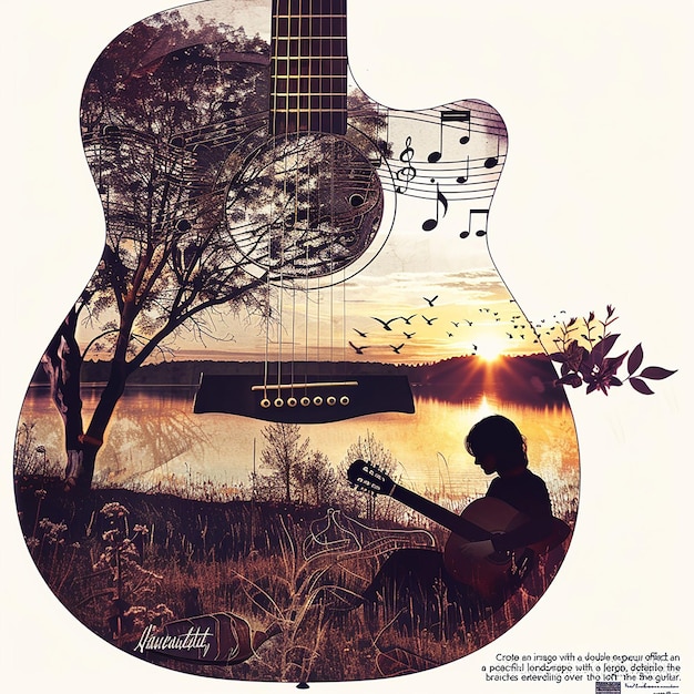 Create an image with a double exposure effect where the main silhouette is of an acoustic guitar