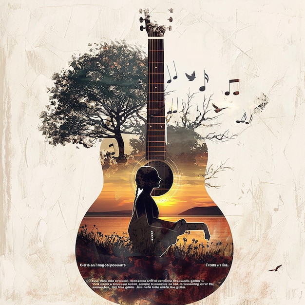 Create an image with a double exposure effect where the main silhouette is of an acoustic guitar