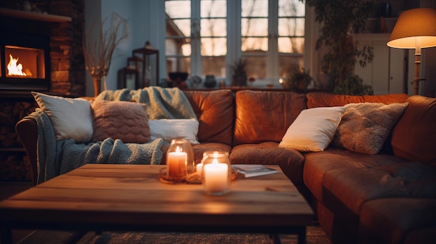 Create an inviting photograph of a cozy interior space in a home emphasizing warm lighting