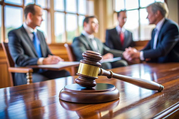 Photo create a knolling layout featuring a gavel positioned on the courtroom table with items symbolizing the attorneys preparation for a civil case