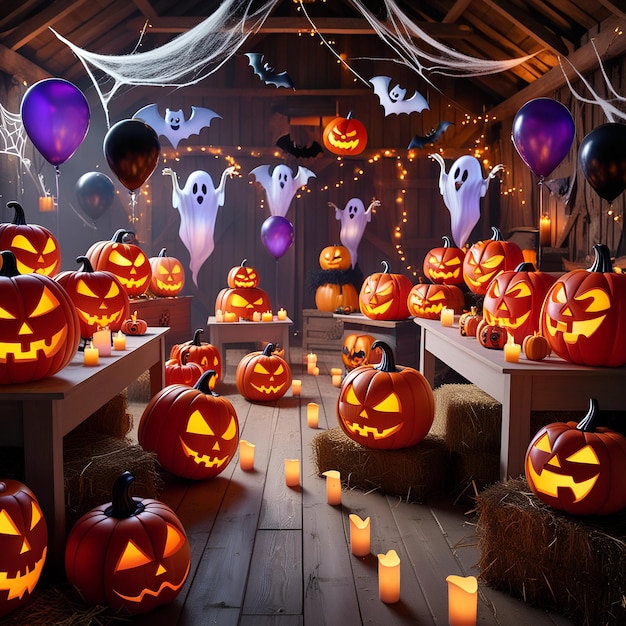 Photo create a lively scene of animated jackolanterns having a festive halloween party