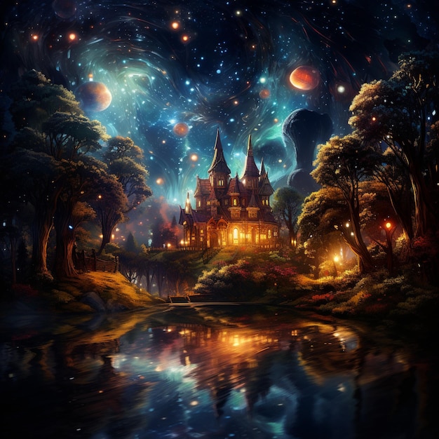 Create a magical landscape with a starry sky and an enchanted forest 1