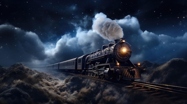 Create a mesmerizing depiction of a train traveling from Earth to the stars