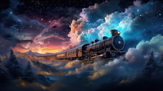 Create a mesmerizing depiction of a train with wings of stardust soaring towards the celestial sky