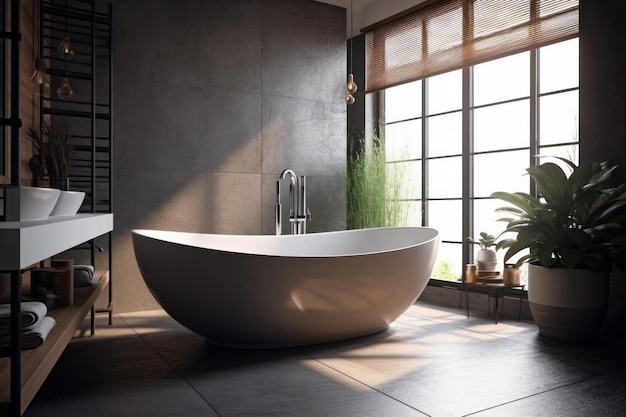 Create a minimalist and functional bathroom with a sleek freestanding bathtub