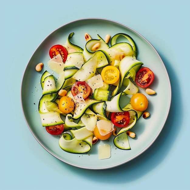 Create a minimalist image of a Zucchini Ribbon Salad incorporating the following ingredients Zucchi