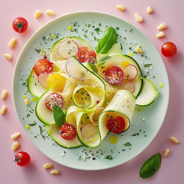 Create a minimalist image of a Zucchini Ribbon Salad incorporating the following ingredients Zucchi